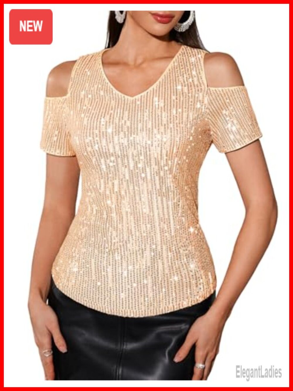 Sequin Sparkly V-Neck Short Sleeve Party Top